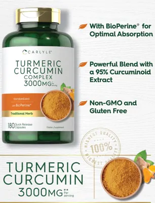 Curcumina de cúrcuma com BioPerine, 3000mg, 180 Cápsulas, Carlyle