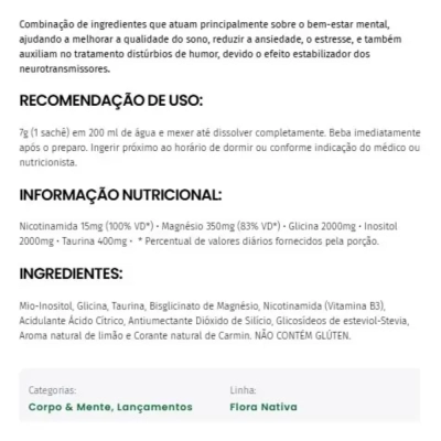 Magnésio & Inositol + Vit. B3 + Taurina, 20 Sachês, Sabores, Flora Nativa