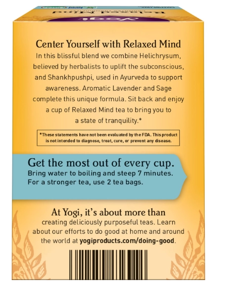 Chá Relaxed Mind, Sem Cafeína, 16 Saquinhos, 32g, Yogi