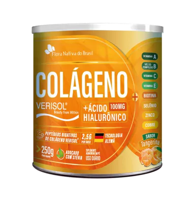 Peptídeos de Colágeno Verisol + Ácido Hialurônico, 250g, Sabor Tangerina
