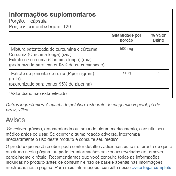 Complexo de Curcumina de Cúrcuma com Bioperine 500mg, 120 Cápsulas, Nature's Truth