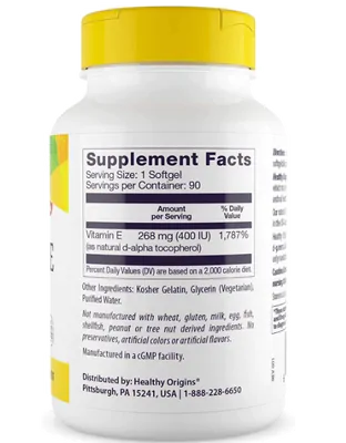 Vitamina E Com Tocoferóis, 400UI, 90 Cápsulas, Healthy Origins