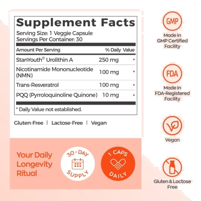 Urolitina A + NMN, 400mg, Energia Celular e Longevidade, 30 Cápsulas, Gynable