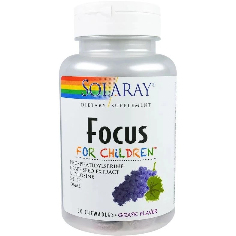 Focus Kids, 60 comprimidos mastigaveis, sabor de uva, Solaray