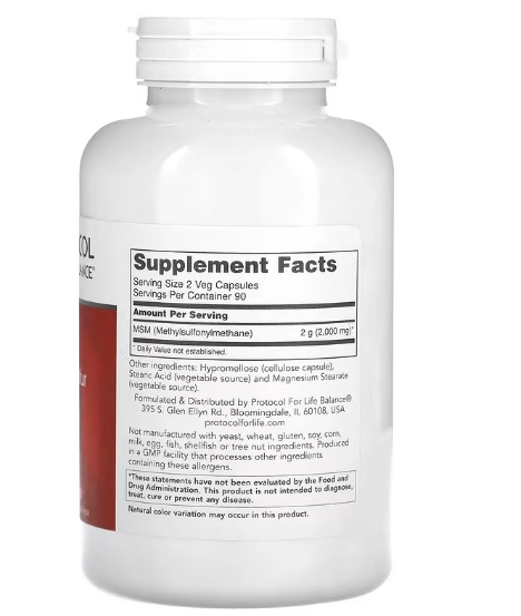 MSM, 1000mg, 180 cápsulas, Protocol for Life Balance
