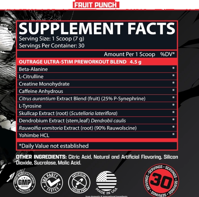 Pré Treino Outrage, Com Cafeína, L-Citrulina, Beta-Alanina e Creatina, Ultra Stim, Sabores, Nutrex