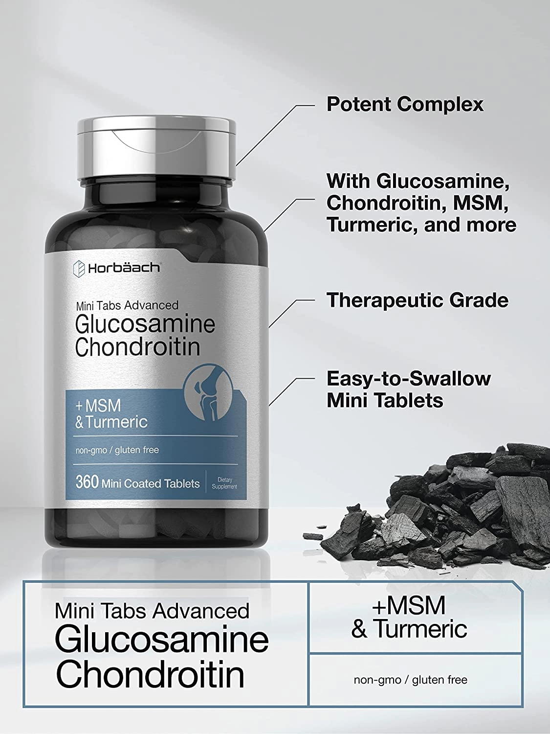 Glucosamina  Condroitina, + MSM e Turmeric, 900mg, 360 Mini Comprimidos, Horbaach