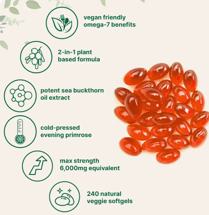 Omega-7 Sea Buckthorn Oil 6,000mg, Óleo de Espinheiro-Mar Vegano, 240 Cápsulas, Micro Ingredients