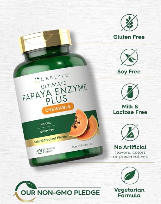 Papaya Enzyme Plus, Enzima de Mamão, 300 Comprimidos Sabor Tropical, Carlyle