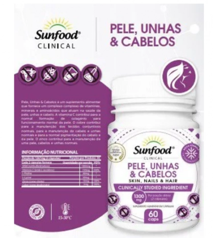 Pele Unhas e Cabelos, 1300mg, 60 Capsulas, Sunfood