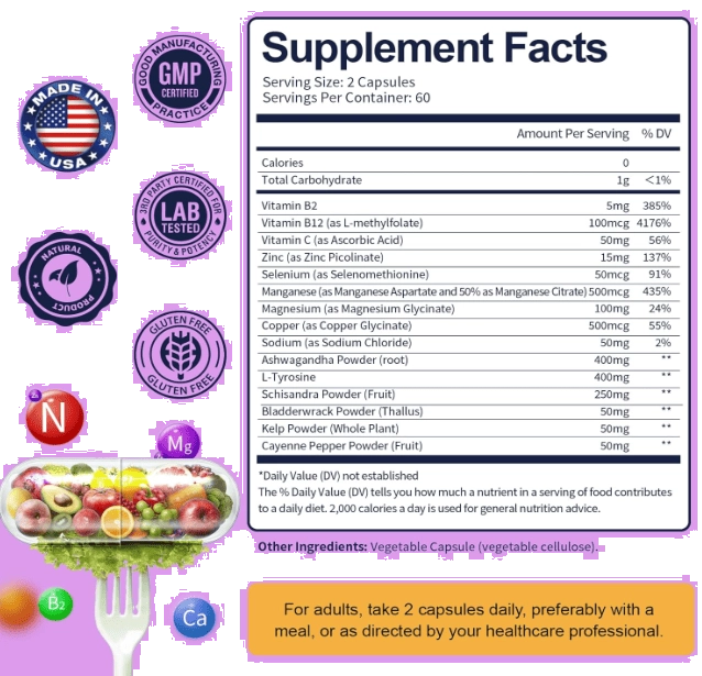 Thyroid Support, Suporte à Tireoide Com L-tirosina, Algas marinhas, Ashwagandha e Selênio, 120 Cápsulas, Totaria Health