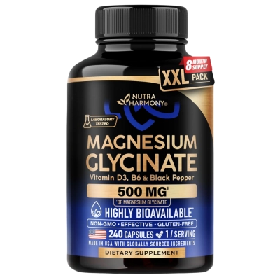 Magnésio Glicinato 500mg com Vitamina D3, B6 e Pimenta Preta, 240 Cápsulas, Nutra Harmony