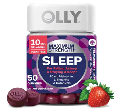 Max Strength Sleep, Melatonina 10mg,  L-teanina, Camomila e Erva-cidreira,  50 Gomas Sabor morango, Olly