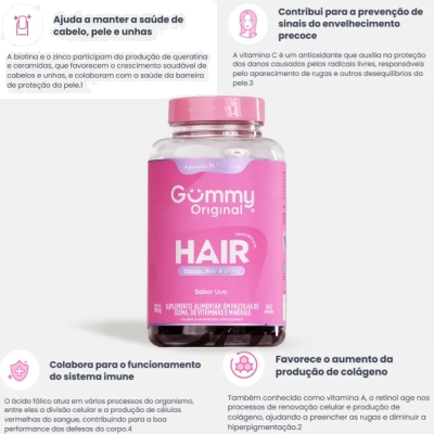 Gummy Hair, Cabelo, pele e unha, 60 Gomas Sabor Uva, 180g