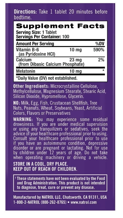 Melatonina 10mg, Time Release liberacao gradativa, 100 Comprimidos, Natrol