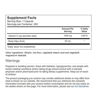 Vitamina C 1000mg com Rosa Mosqueta, 250 Cápsulas, Vitacost