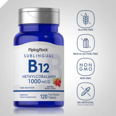 Vitamina B12 (Metilcobalamina), 1000mcg, 120 Comprimidos Sublinguais, PipingRock