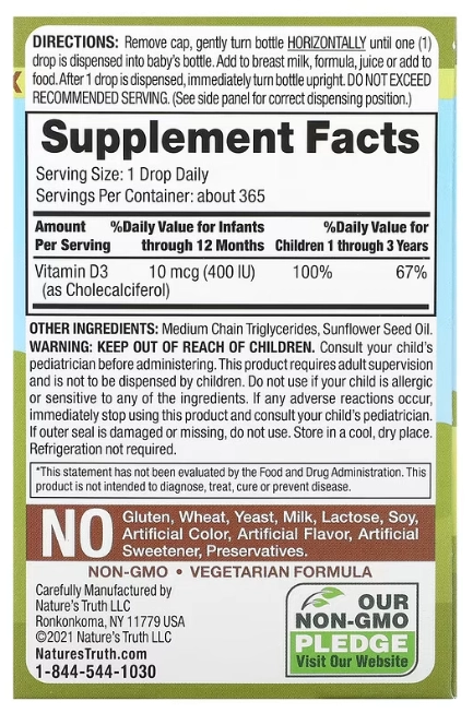 Vitamina D3 400UI, para Bebês e Recém-nascidos, 9,2ml, Nature's Truth
