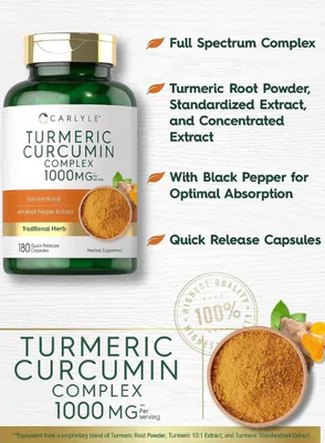 Turmeric, Cúrcuma Curcumina com Pimenta Preta, 1000mg, 180 Cápsulas, Carlyle