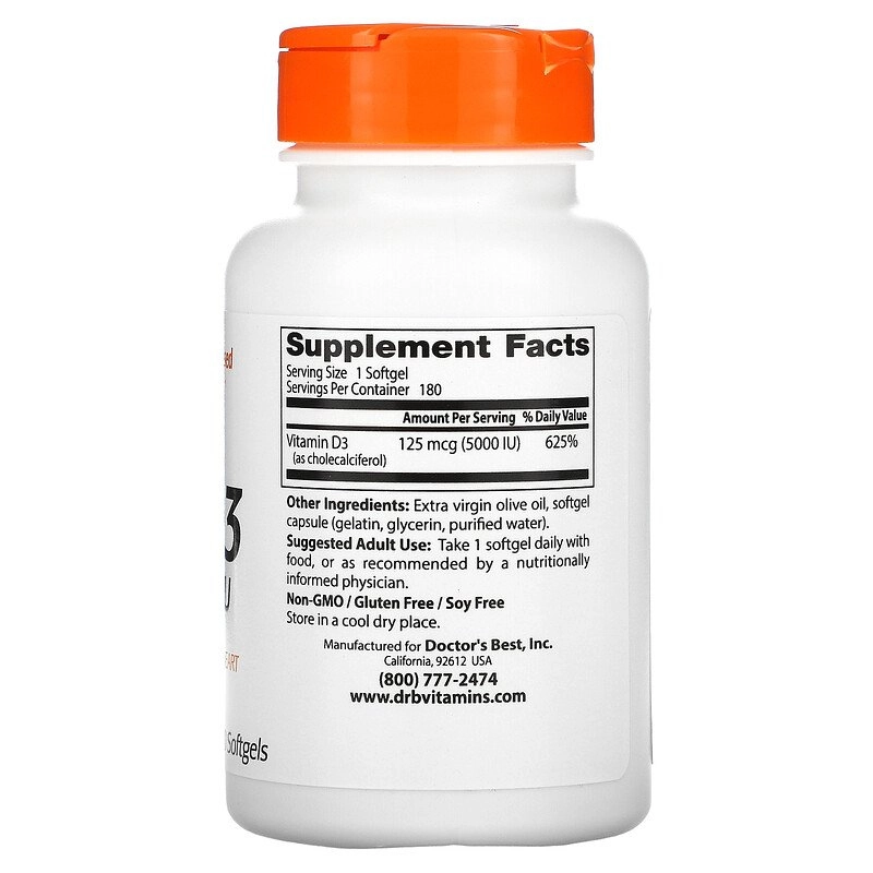 Vitamina D3, 125 mcg (5.000 UI), 180 Cápsulas Softgel, Doctor's Best