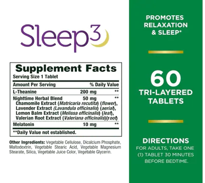 Melatonina 10mg Sleep3, Três Camadas, 60 Tablets, Nature's Bounty
