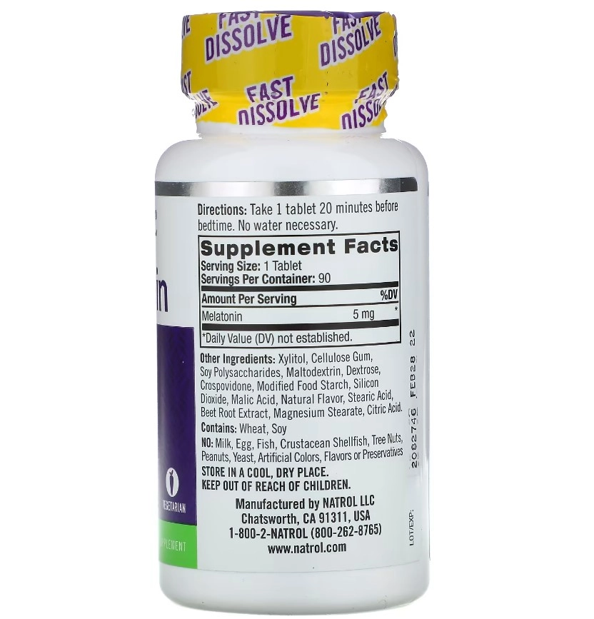 Melatonina 5mg, Sublingual, Fast Dissolve, 90 comprimidos, Natrol