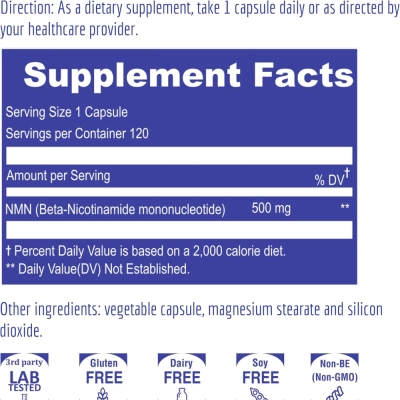NMN precursor de NAD, 500mg, 120 Cápsulas, UpNourish