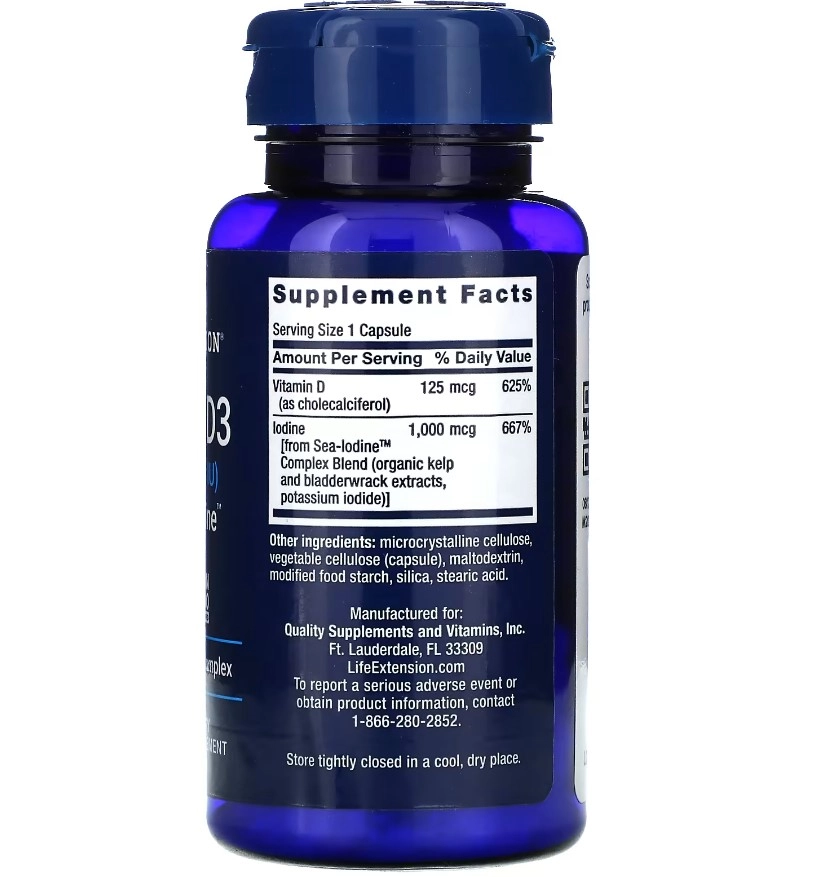 Vitamina D3 com Iodo Marinho, 125 mcg (5.000 UI), 60 Cápsulas, Life Extension