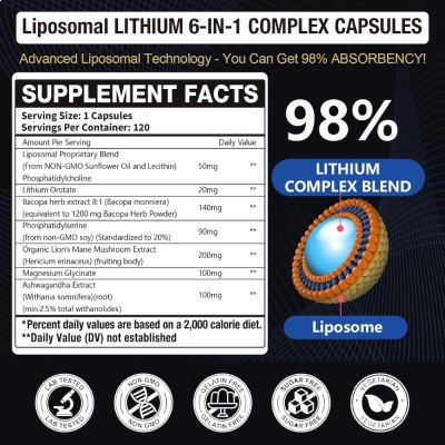 Lithium 6 in 1 Complex 700mg, Fórmula Avançada para Suporte Cognitivo e Equilíbrio Emocional, 120 Cápsulas, GulaPelst