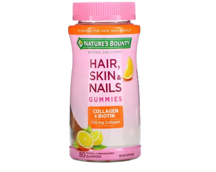Hair Skin and Nails, Cabelo, pele e unha, Colágeno 100mg e Biotina,  80 Gomas, Nature's Bounty