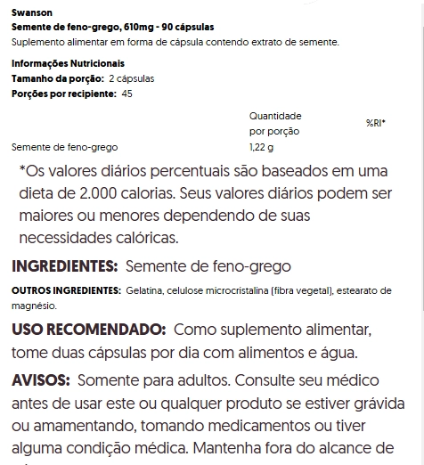 Sementes de Feno Grego, 90 cápsulas, Swanson