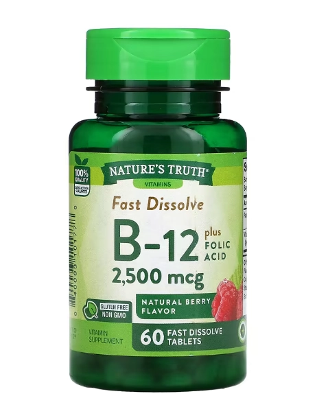 Vitamina B-12 + Ácido Fólico, 2500mcg, 60 Comprimidos Sabor Baga Natural, Nature's Truth