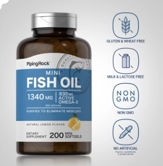 Mini Ômega-3, Óleo de Peixe 1340mg, 200 Mini Cápsulas Sabor Limão, PipingRock
