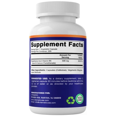 Ácido Pantotênico (Vitamina B5), 500 mg, 200 Cápsulas, Vitamatic