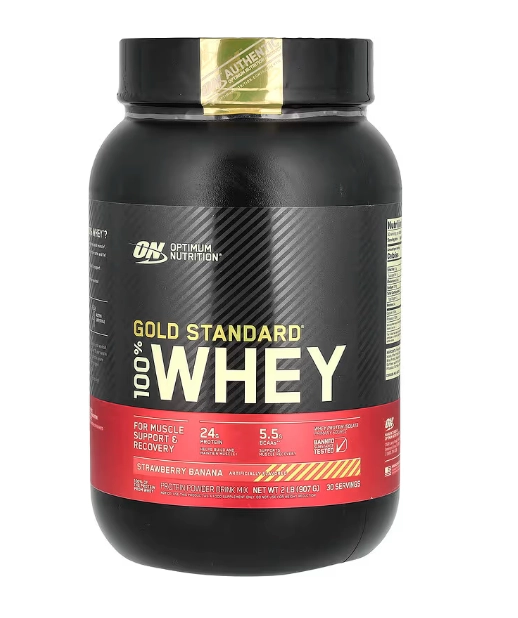 Whey 100% Gold Standard, Sabor Morango com Banana, 907g, Optimum Nutrition
