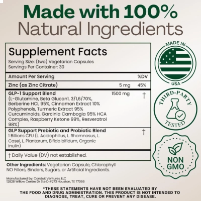 GLPLUS+, Suporte Natural de GLP-1, Auxílio no Controle da Fome e no Metabolismo, 60 Cápsulas, Plus+Ultra
