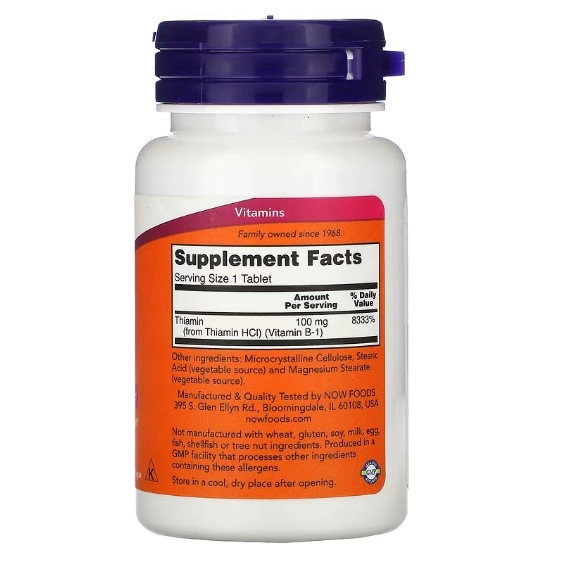 Vitamina B1, 100mg, 100 Comprimidos, now