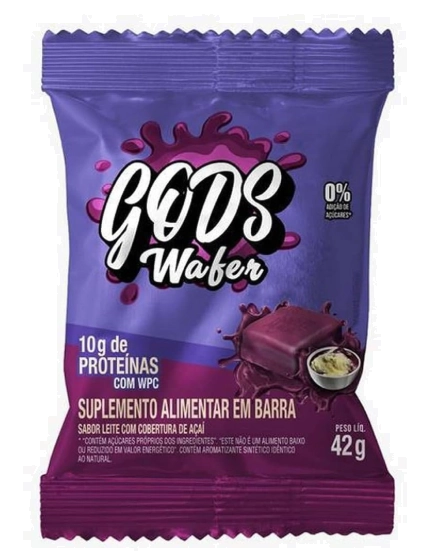 Gods Wafer Barra de Wafer Proteica, Sabor Açaí com Leite, 3 Unidades 42g Cada, Canibal