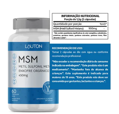 MSM (Enxofre Orgânico), Metil Sulfonil Metano, 450mg, 60 Cápsulas, Lauton Nutrition