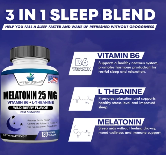 Melatonina 25mg, Com L-teanina e Vitamina B-6, 120 Comprimidos Mastigáveis,  American Standard