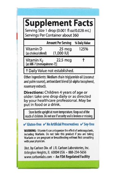 Super Daily Kid's, Vitamina D3 25mcg + K2 22,5 mcg, 10,16ml, Carlson