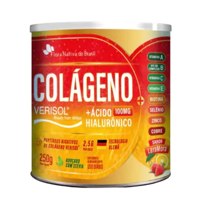 Peptídeos de Colágeno Verisol + Ácido Hialurônico, 250g, Sabor Laranja e Morango