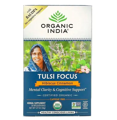 Chá Tulsi, Apoio Cognitivo, Hibisco e Canela, Sem cafeína, 18 saquinhos, Organic India Chá Tulsi, Apoio Cognitivo, Hibisco e Canela, Sem cafeína, 18 saquinhos, Organic India
