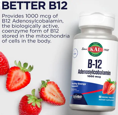 Vitamina  B-12 adenosilcobalamina, 1.000mcg, 90 microcomprimidos Sabor morango, KAL