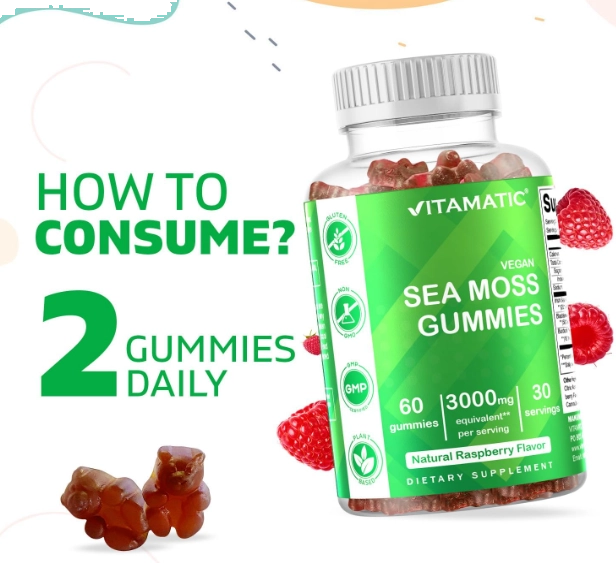 Irish Sea Moss 3000mg, Para Tireoide, Energia e Imunidade, 60 Gomas Sabor Framboesa, Vitamatic