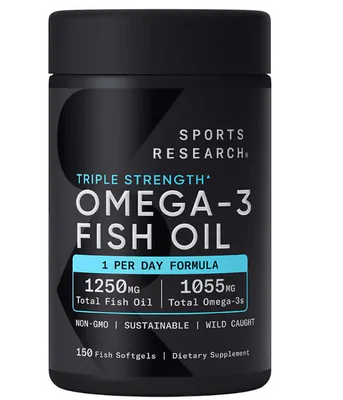 Ômega 3 Triple-Strength, Ácidos Graxos EPA e DHA de Pollock Selvagem do Alasca, 1250mg, 150 Cápsulas, Sports Research