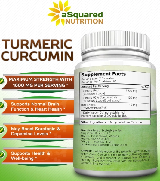 Turmeric Cúrcuma, 1600mg com BioPerine, 180 Cápsulas, aSquared Nutrition