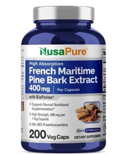 Casca de Pinheiro Marítimo, French Maritime Pine Bark 400mg, 200 Cápsulas, Nusapure