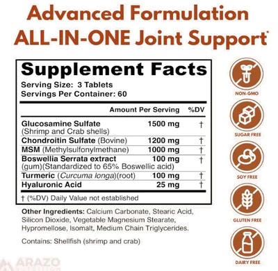 Glucosamina Condroitina, MSM, Boswellia, Cúrcuma, 180 comprimidos, Arazo Nutrition