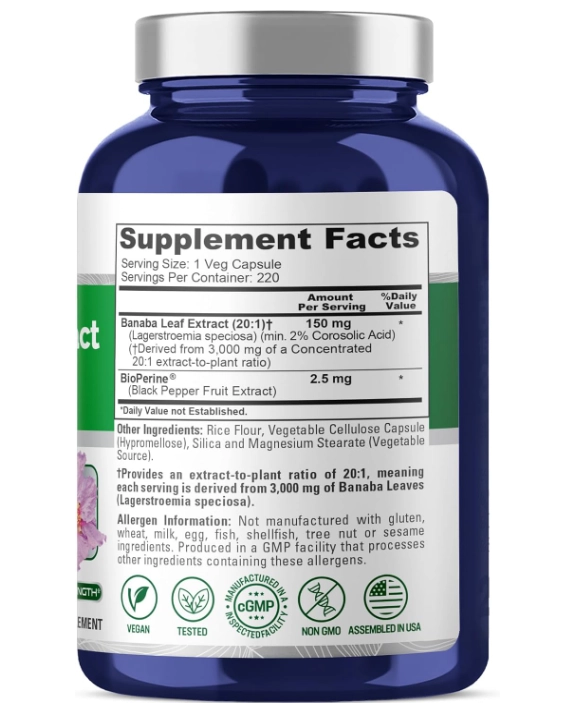 Extrato de Banaba 3000mg, 220 Cápsulas, NusaPure 